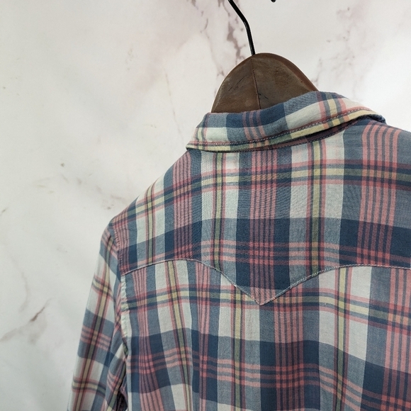 Ralph Lauren Top Women Medium Pink Blue Denim Supply Plaid Button Cowgirl Pearl - Picture 6 of 12